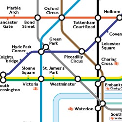 Mapa del metro de Londres. El mapa contiene diferentes puntos y diferentes lneas que se entrecruzan, cada una de un color
