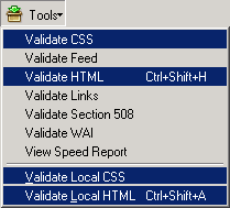 Captura de pantalla (3KB): Figura 4: Men de herramientas con las opciones de validacin de CSS y HTML ms importantes resaltadas
