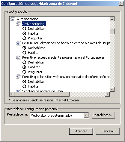 Ventana de configuración en Microsoft Internet Explorer 7