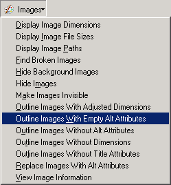 Captura de pantalla (4KB): Figure 2: Menú con la opción Outline Images With Empty Alt Attribute resaltada
