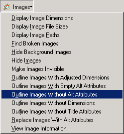 Captura de pantalla (4KB): Figura 1: Menú con la opción Outline Images Without Alt Attribute resaltada