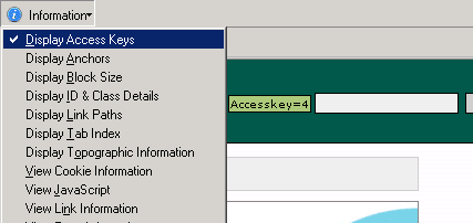 Captura de pantalla (6KB): Figura 11: Menú Information con la opción Display Accesskeys resaltada, y un ejemplo del resultado visual generado
