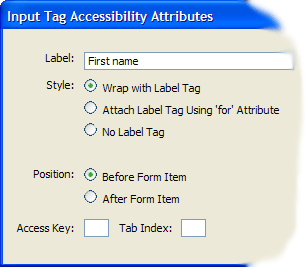 Captura de pantalla de Dreamweaver con opciones para agregar etiquetas formulario