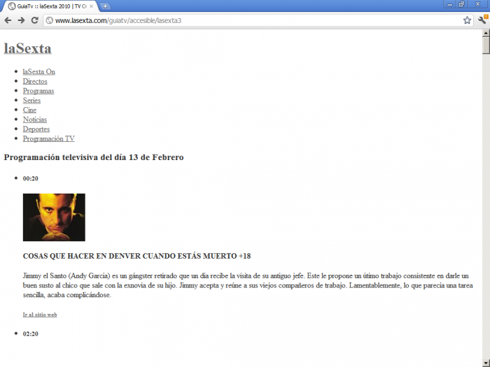 Captura de pantalla de la versión accesible de la página web con la programación de la Sexta3