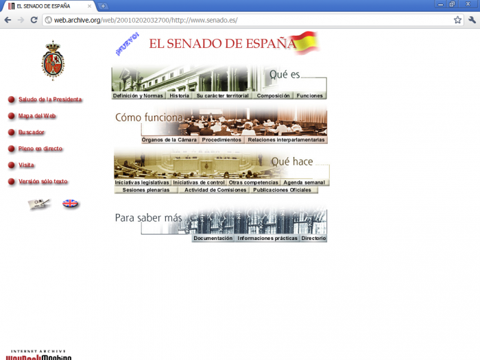 Versión del año 2001 de la página web del Senado de España