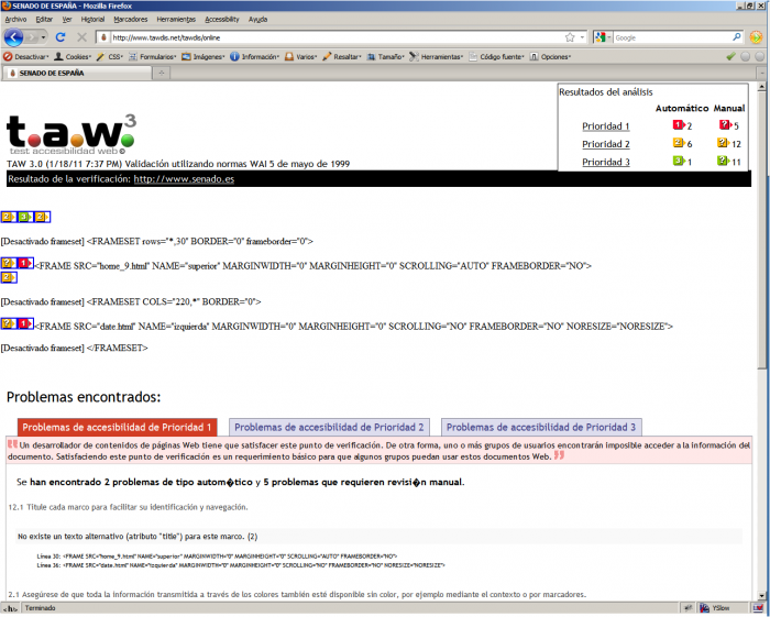 Resultado de la evaluación automática mediante TAW de la accesibilidad de la página web del Senado de España