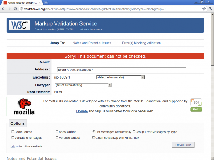 Resultado de la validación de la página web del Senado con el W3C Markup Validator