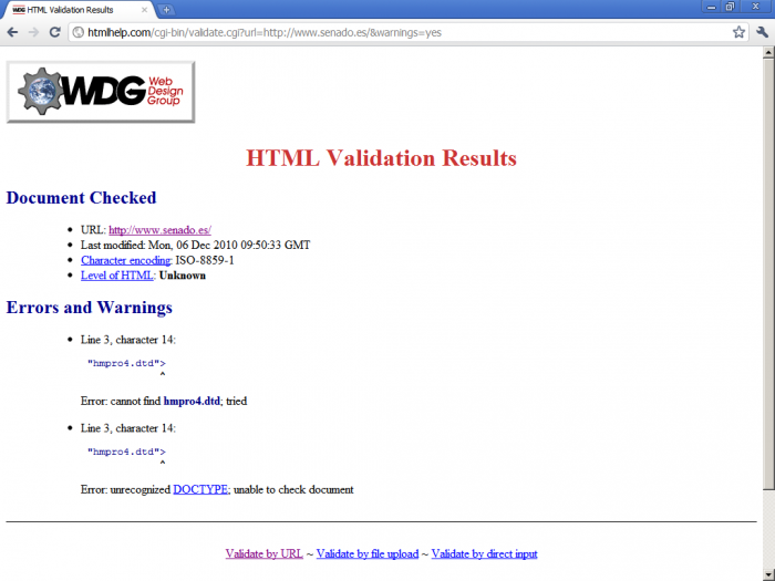 Resultado de la validacin de la pgina web del Senado con el WDG HTML Validator