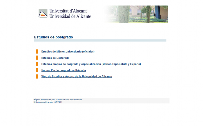 Pgina con informacin sobre los estudios de posgrado de la Universidad de Alicante