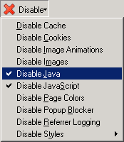 Captura de pantalla (3KB): Figura 10: Menú Disable con la opción Disable Java y Disable Javascript seleccionadas