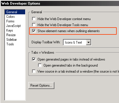 Captura de pantalla (11KB): Figura 6: Opciones de Web Developer Toolbar, con la opción Show element names when outlining elements resaltada y habilitada