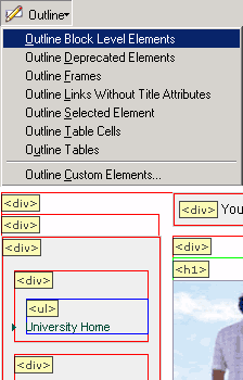Captura de pantalla (7KB): Figura 7: Menú Outline con la opción Outline Block Level Elements resaltada, y un ejemplo del resultado visual generado