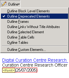 Captura de pantalla (4KB): Figura 12: Menú Outline con la opción Outline deprecated elements resaltada, y un ejemplo del resultado visual generado (en este caso, se indentifica un elemento FONT)