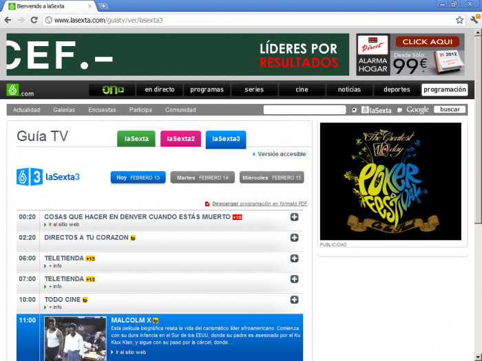 Captura de pantalla de la página web con la programación de la Sexta3