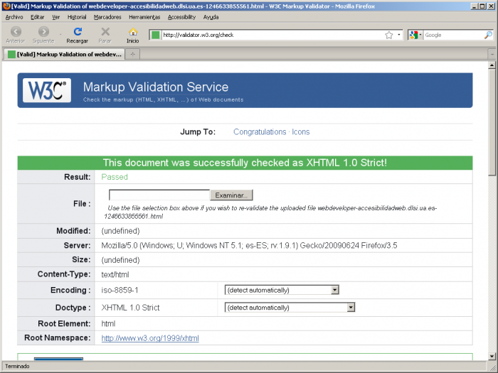 Respuesta correcta del Markup Validation Service de W3C