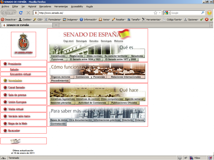 Página web del Senado de España con las imágenes resaltadas