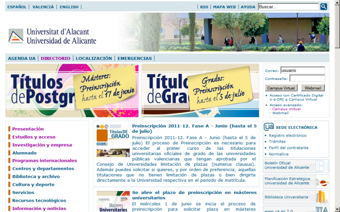 Página principal de la Universidad de Alicante con imágenes